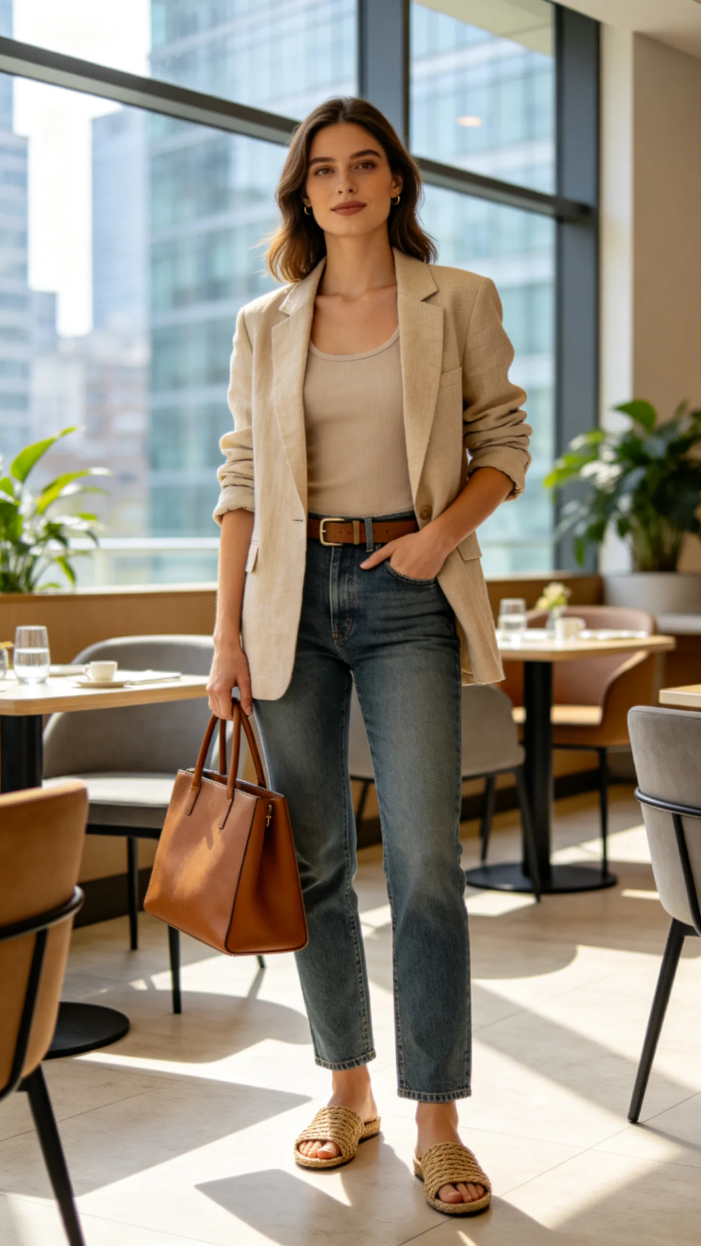 17. Summer Jeans With a Lightweight Blazer and Tank