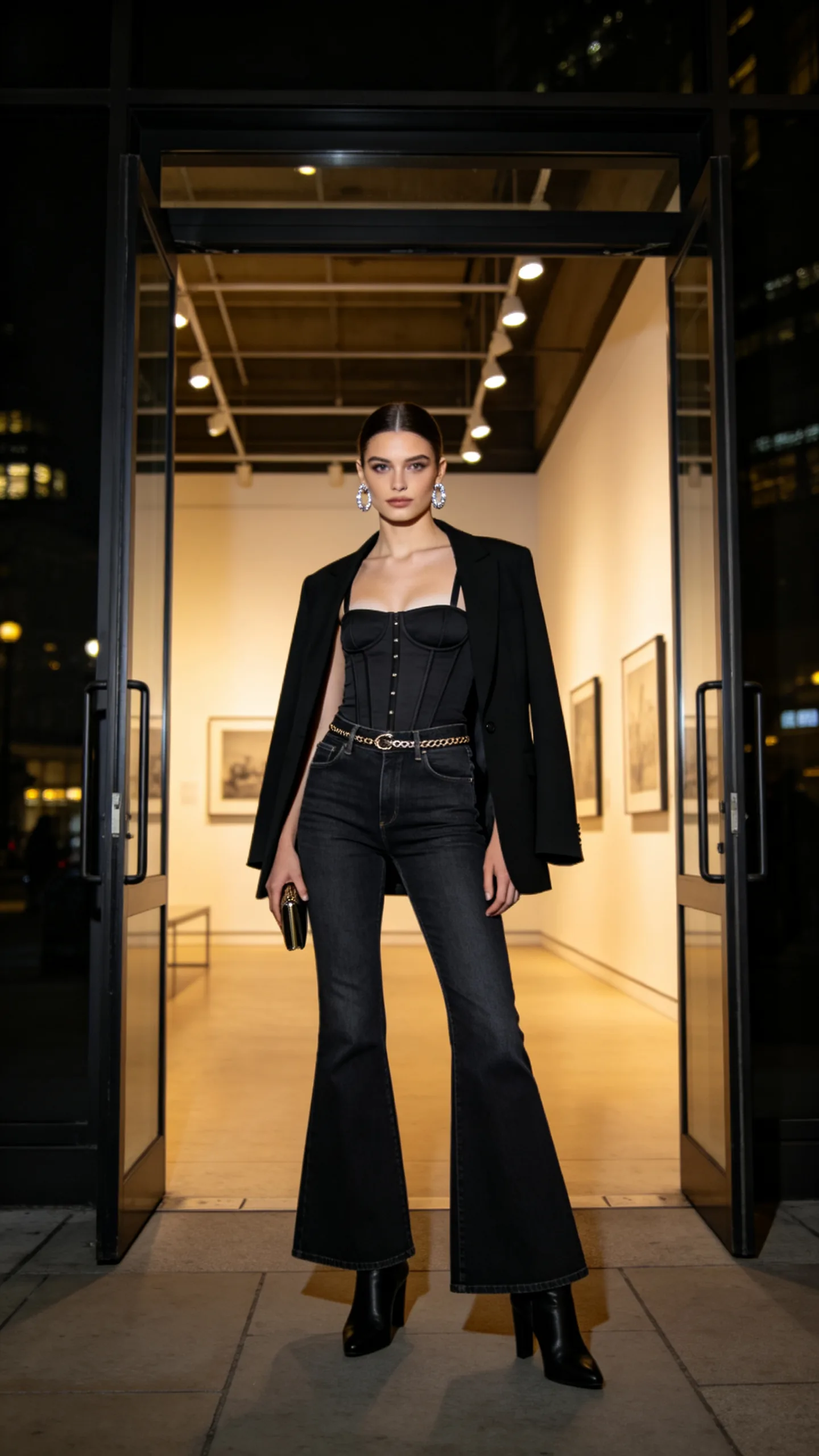 18. Dark Bell Bottoms With a Corset-Style Top and Blazer