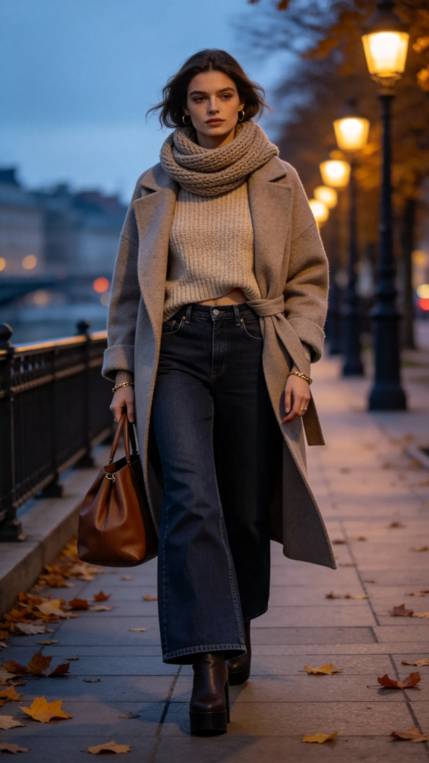 18. Dark Wide Leg Jeans With a Chunky Sweater and Wrap Coat