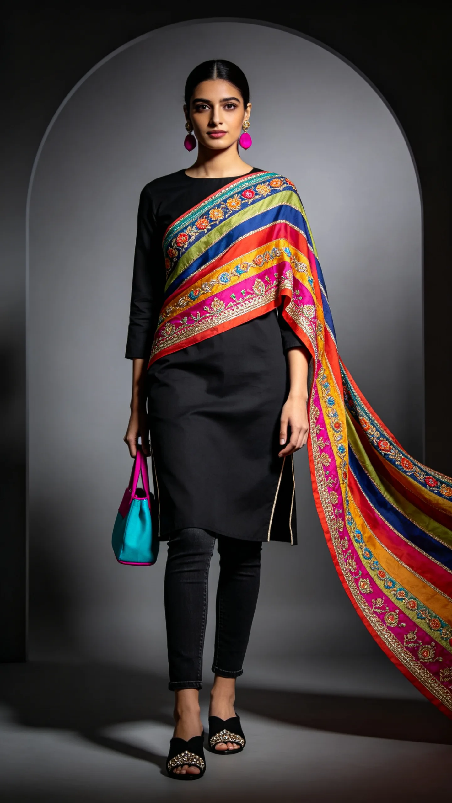 18. Monochrome Black Kurti and Jeans With a Bright Dupatta