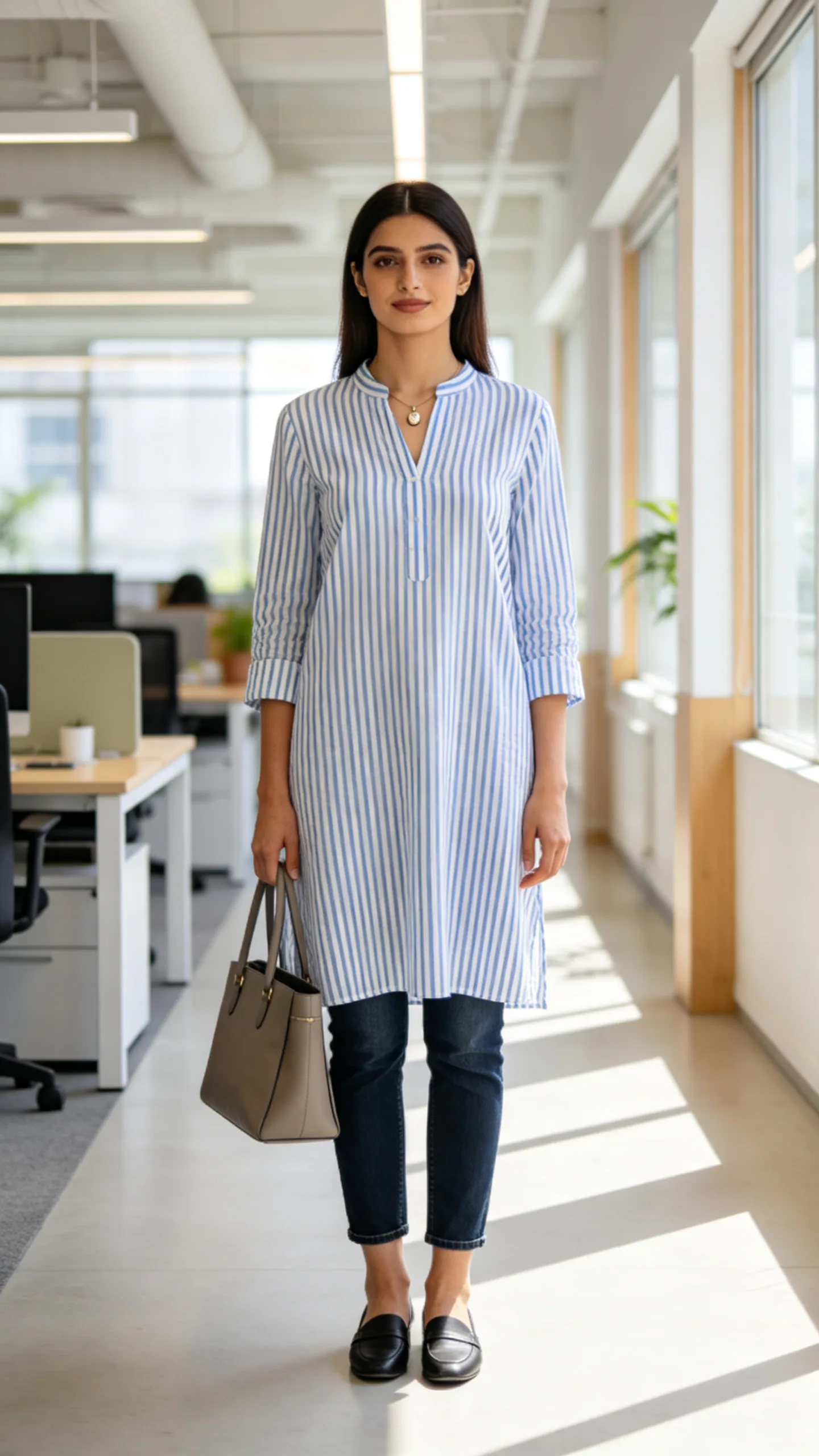 18. Striped Kurti With Ankle-Length Jeans