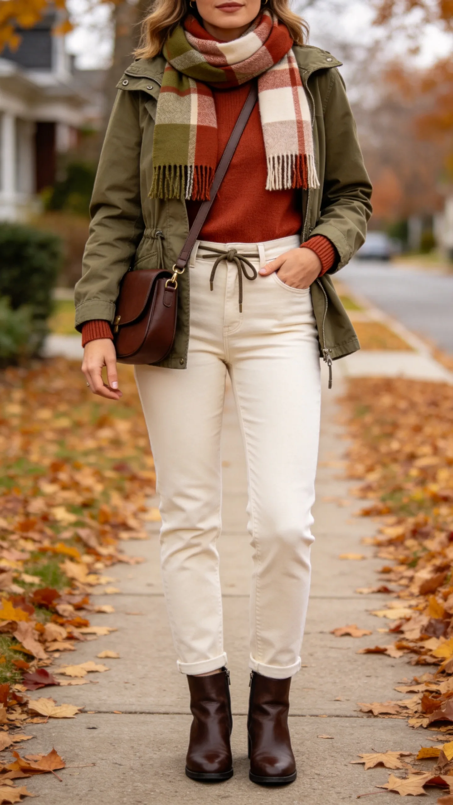 18. White Jeans With an Olive Utility Jacket and Brown Boots