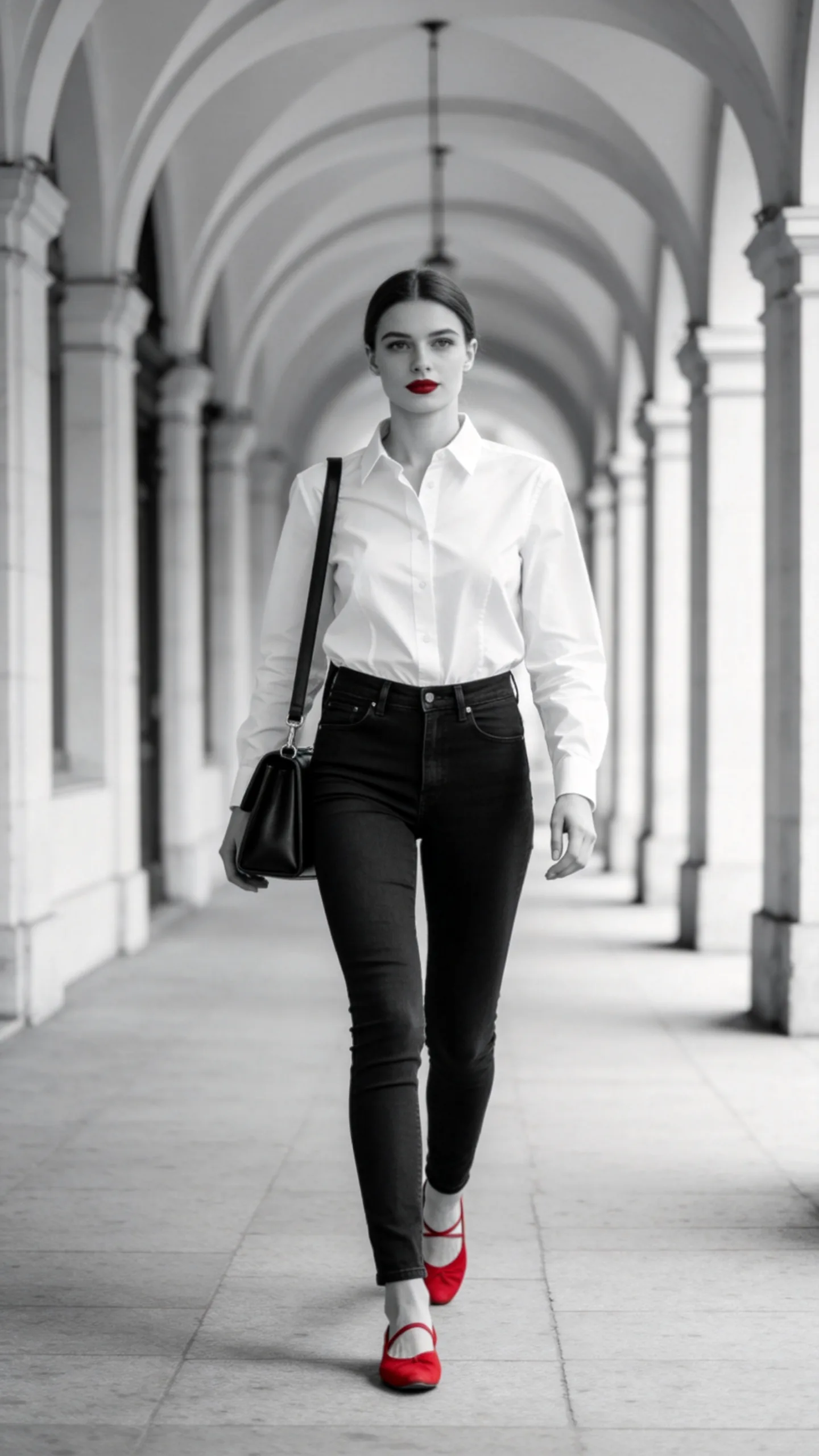 19. Black Jeans With a White Poplin Shirt and Red Flats