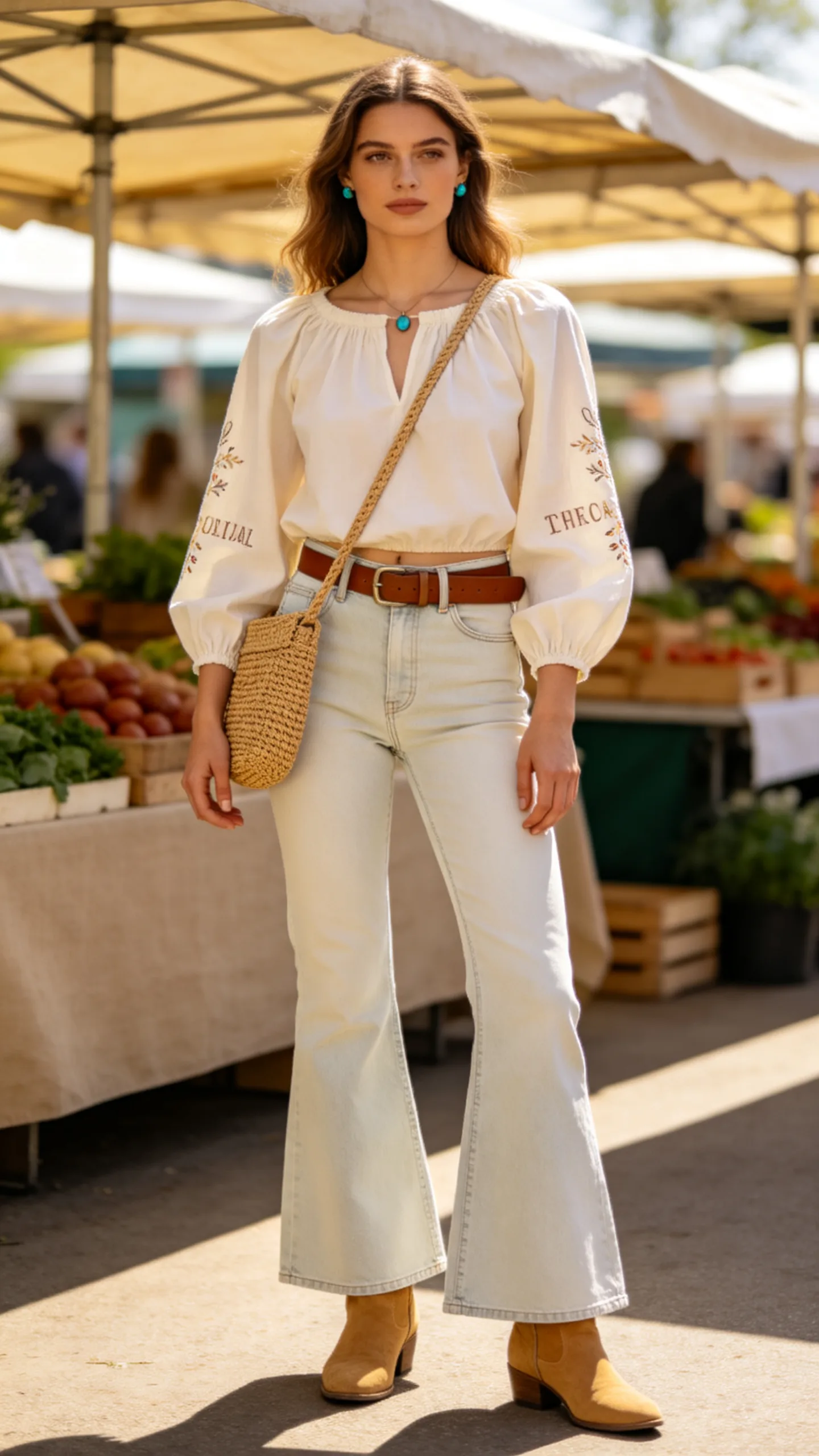 19. Light Flares With a Peasant Blouse and Tan Boots