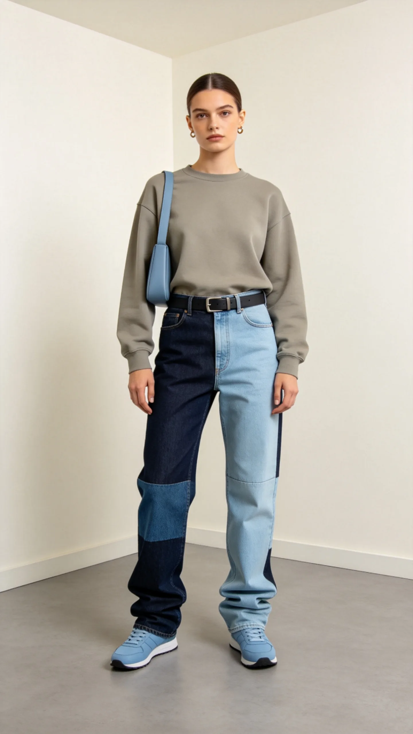 19. Two-Tone Stacked Jeans With a Minimal Sweatshirt