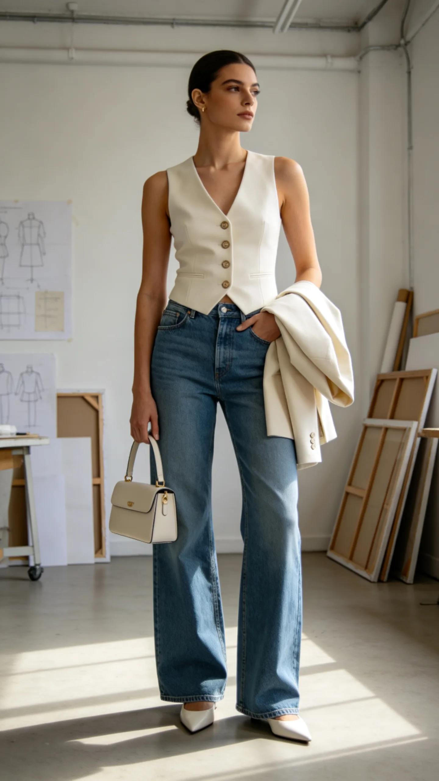 19. Wide-Leg Jeans With a Buttoned Vest