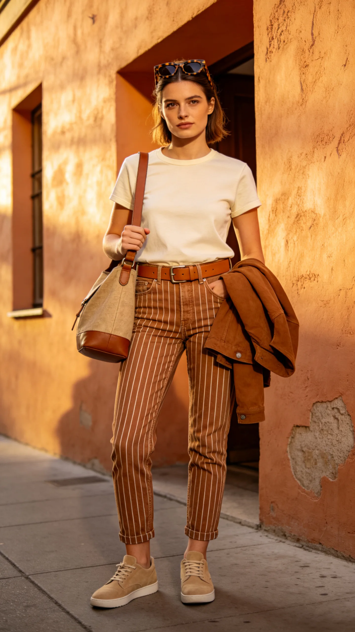 20. Brown Striped Jeans With an Ecru Tee