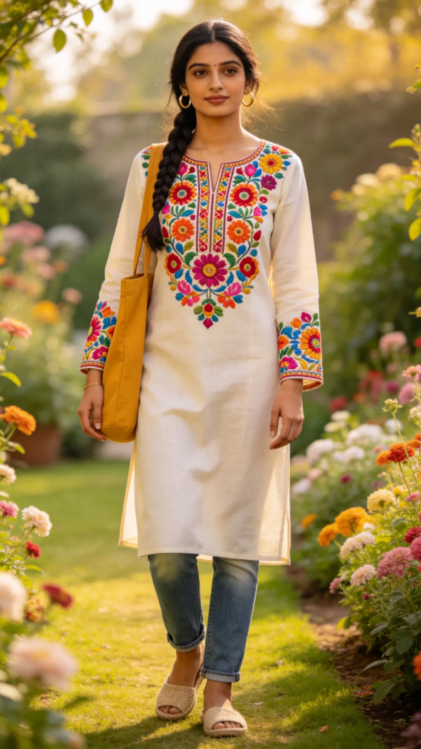 20. Phulkari-Detail Kurti With Mid-Wash Jeans