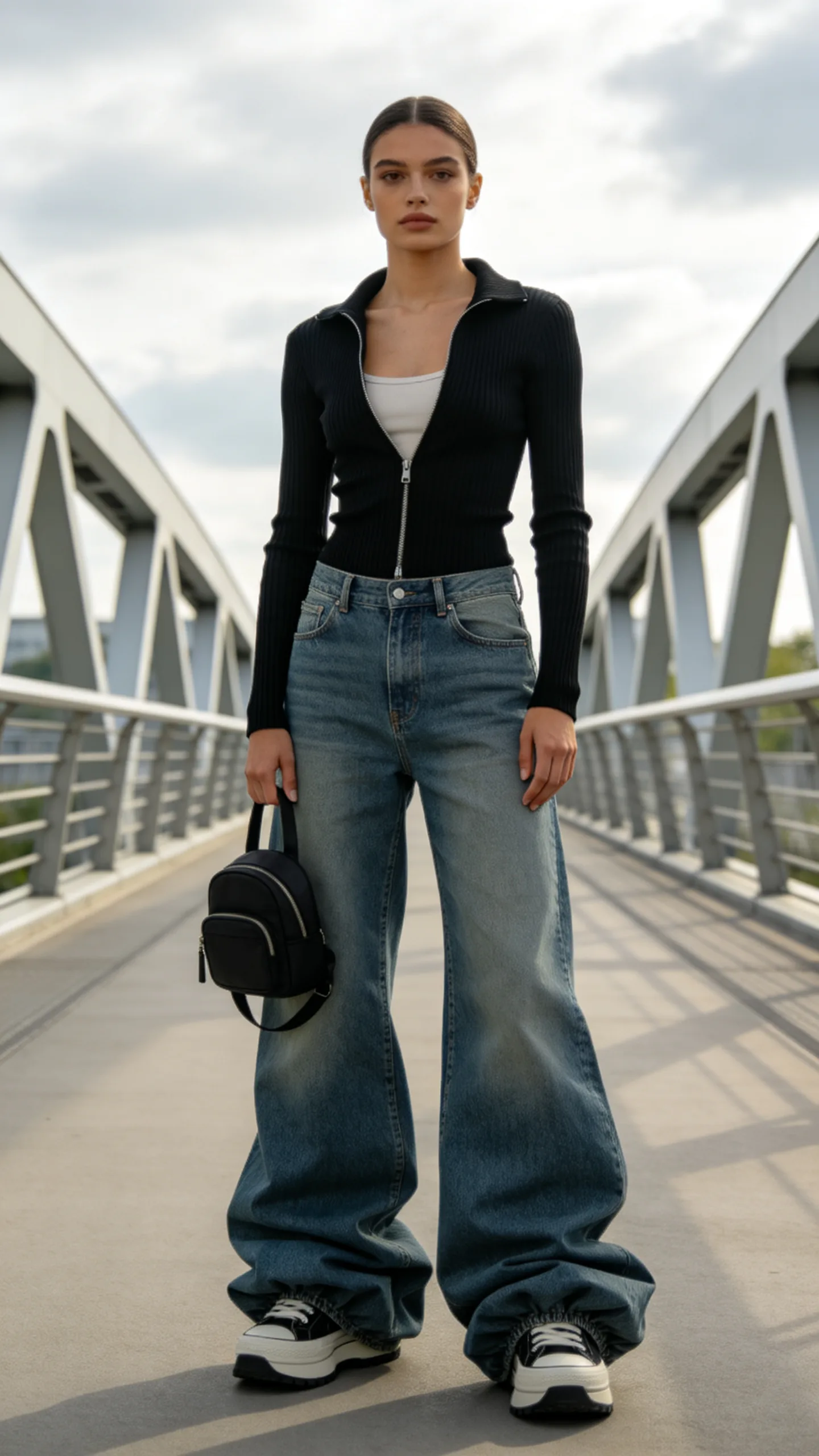 21. Baggy Stacked Jeans With a Fitted Zip Jacket