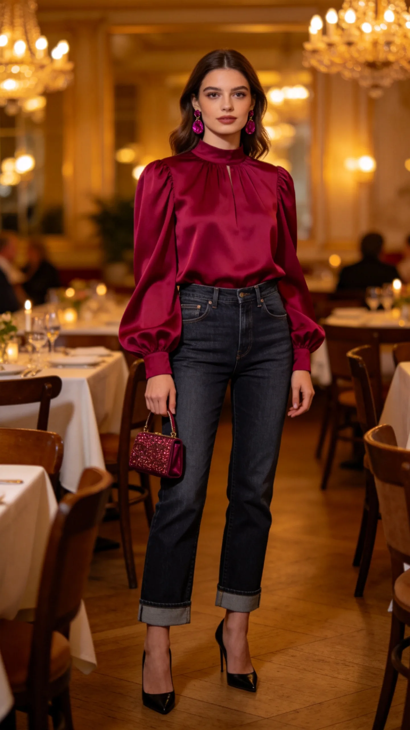 21. Straight Jeans With a Statement Blouse and Heels