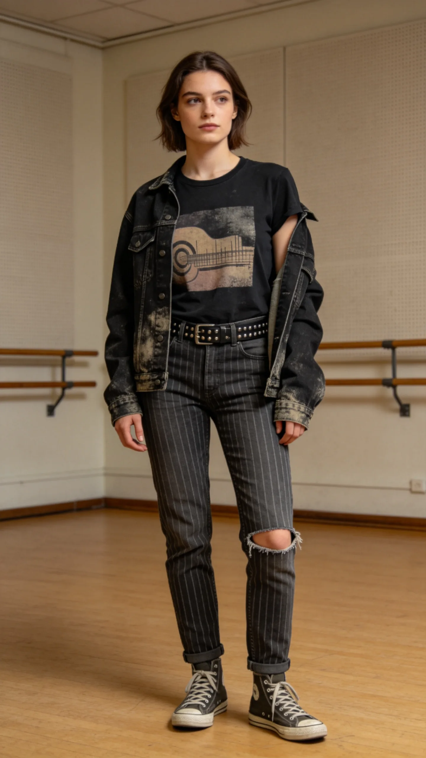 22. Distressed Striped Jeans With a Washed Band Tee