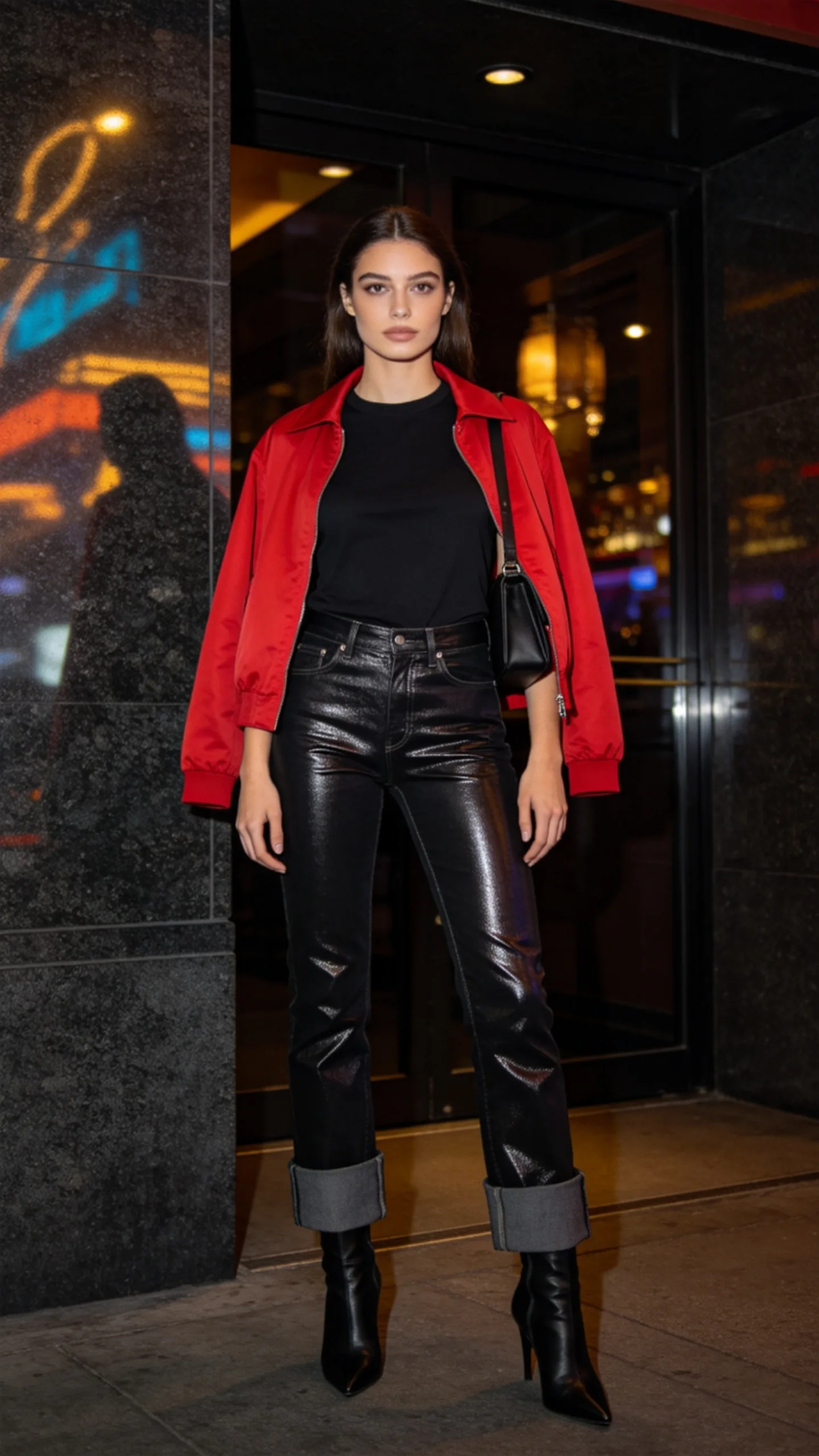 23. Black Coated Stacked Jeans With a Statement Jacket