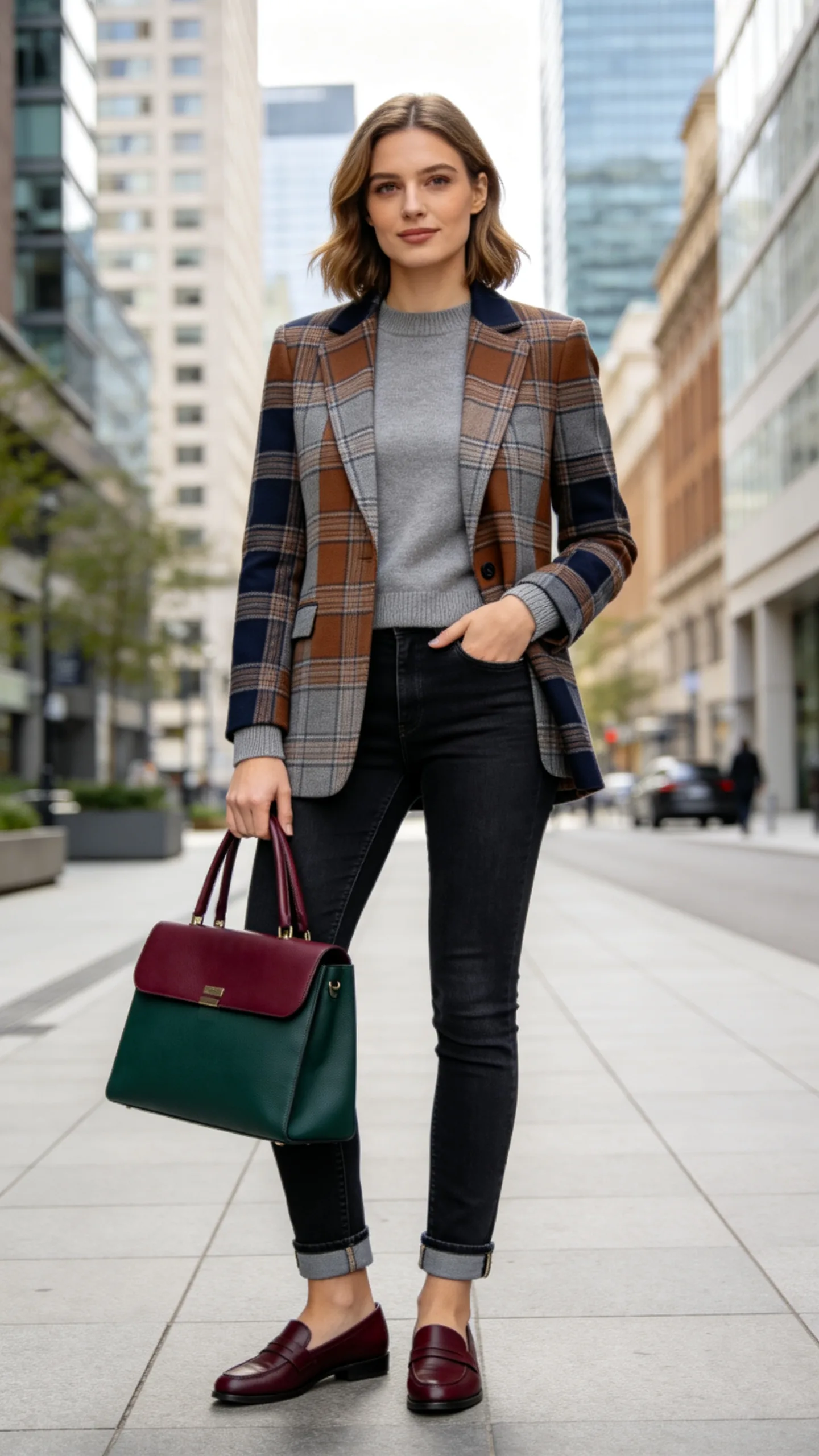 23. Dark Jeans With a Plaid Blazer