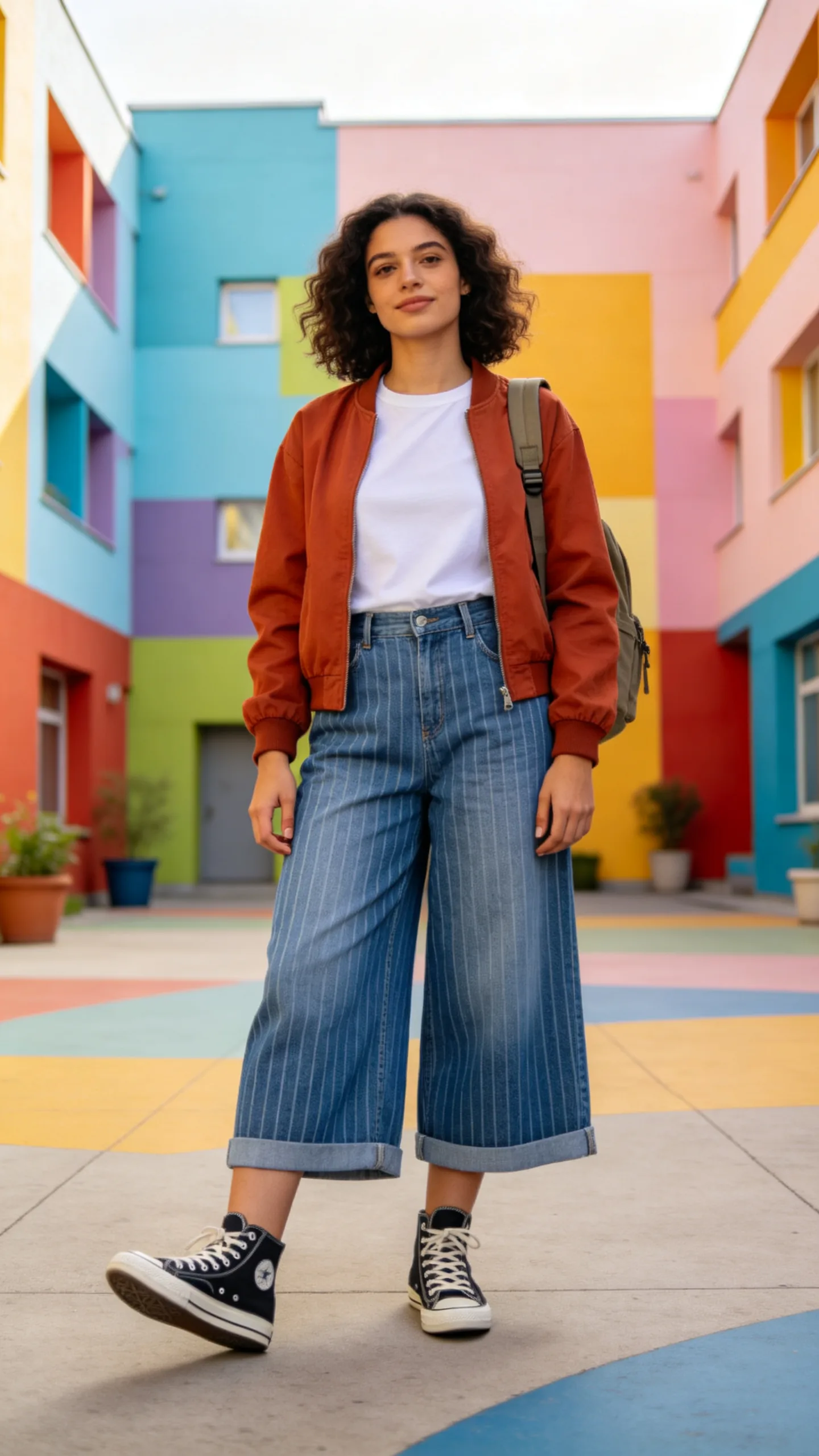 23. Striped Culotte Jeans With High-Top Sneakers