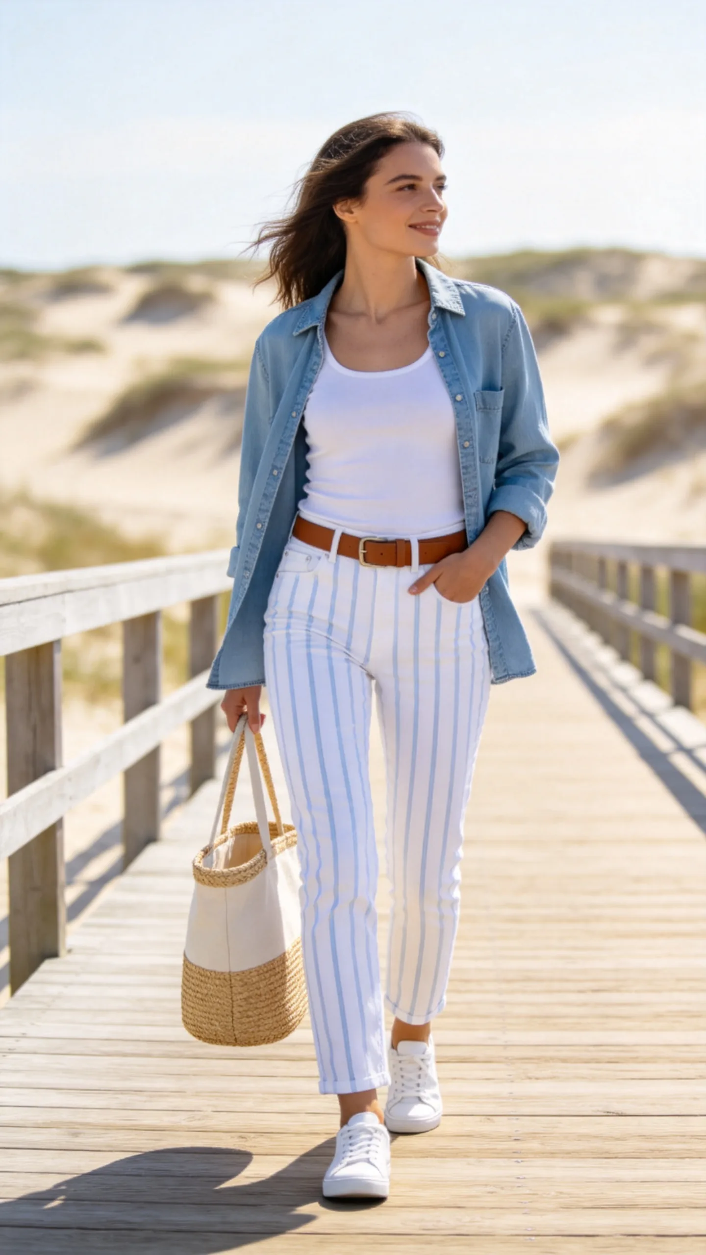 24. White Striped Jeans With a Chambray Shirt