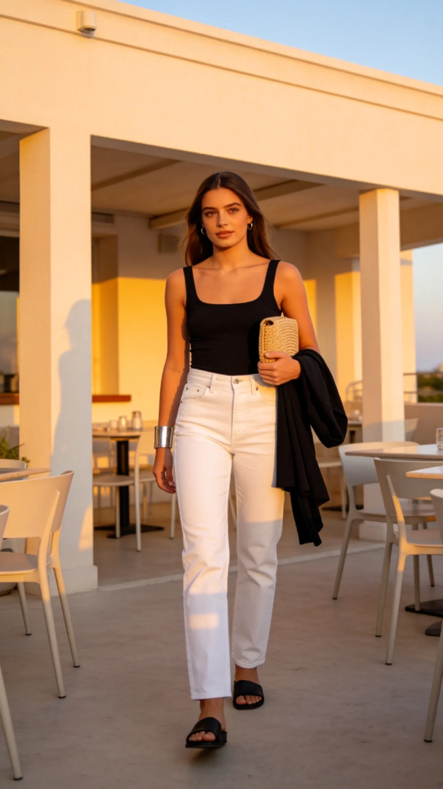 3. White Jeans With a Black Square-Neck Tank