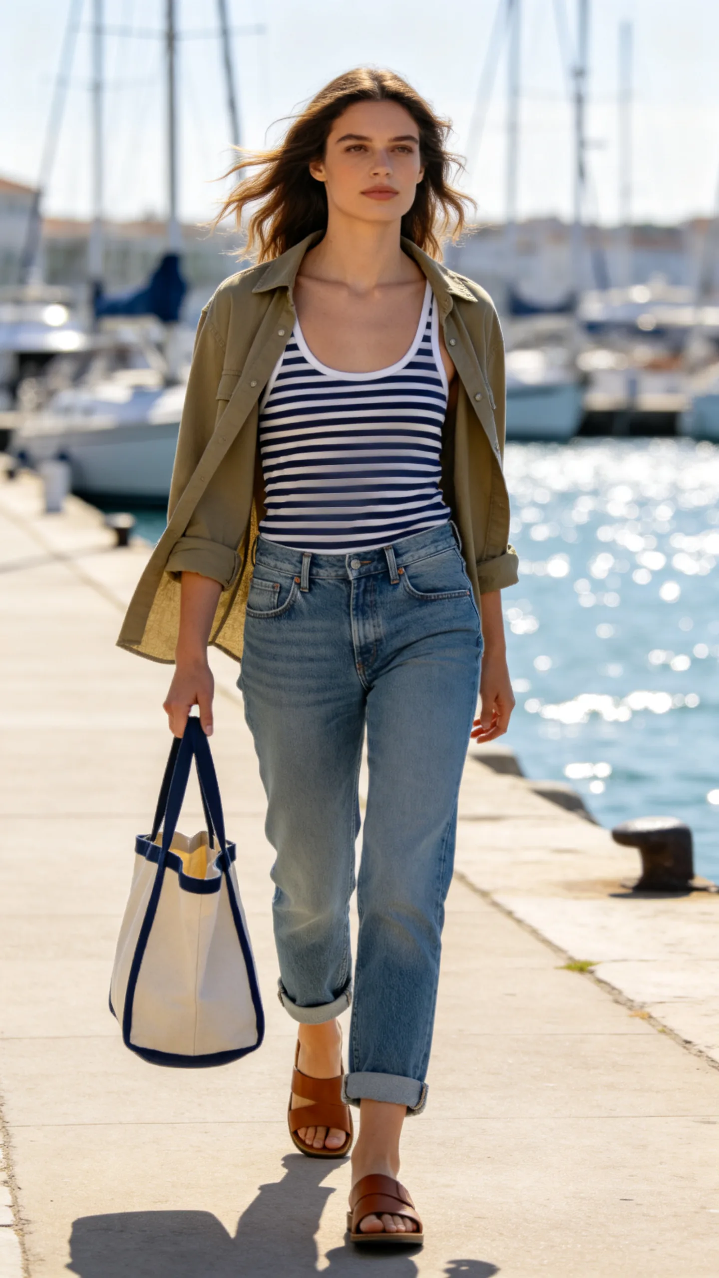 4. Relaxed Jeans With a Striped Tank and Slide Sandals