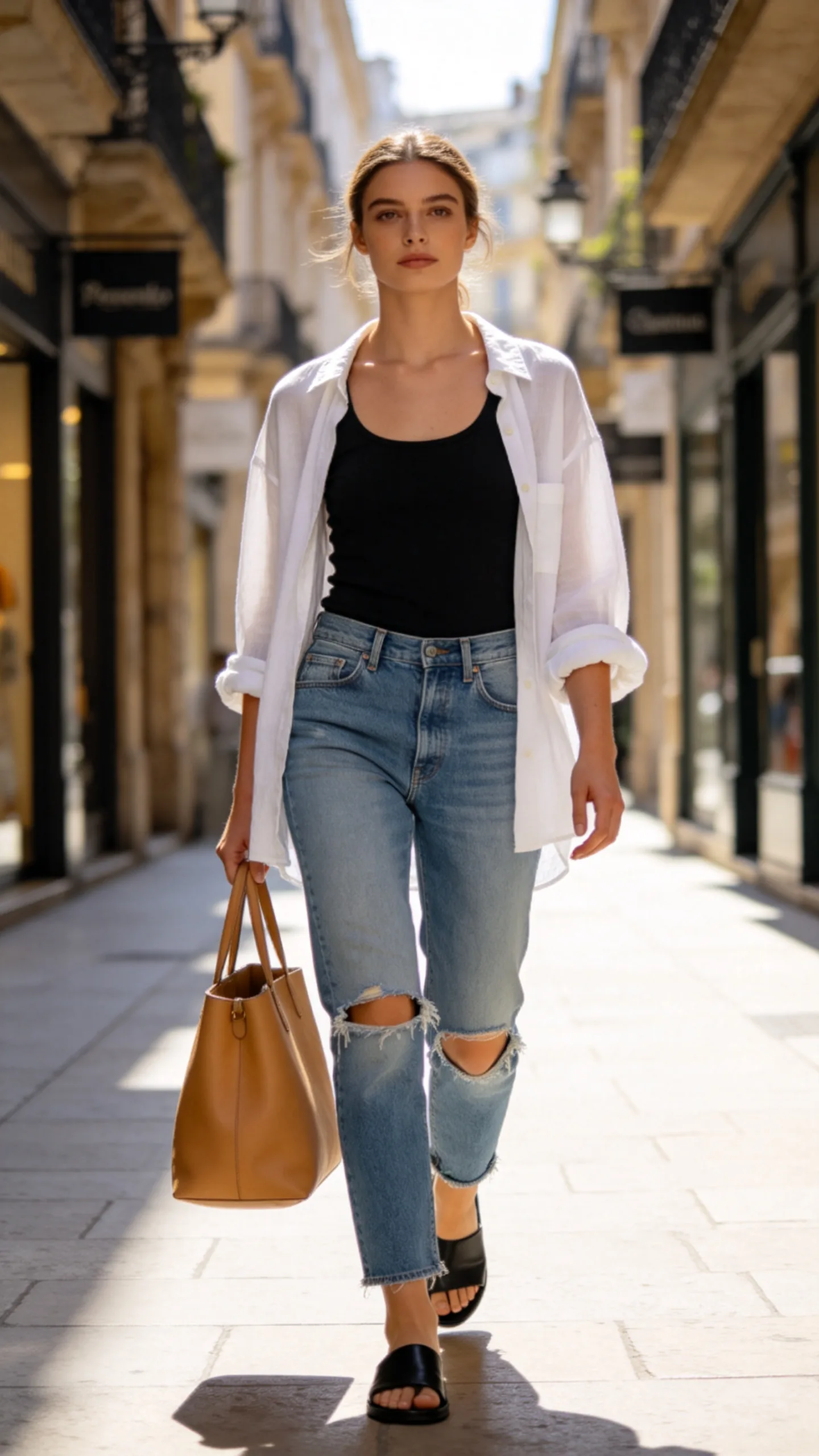 10. Distressed Jeans With a Black Tank and Linen Shirt