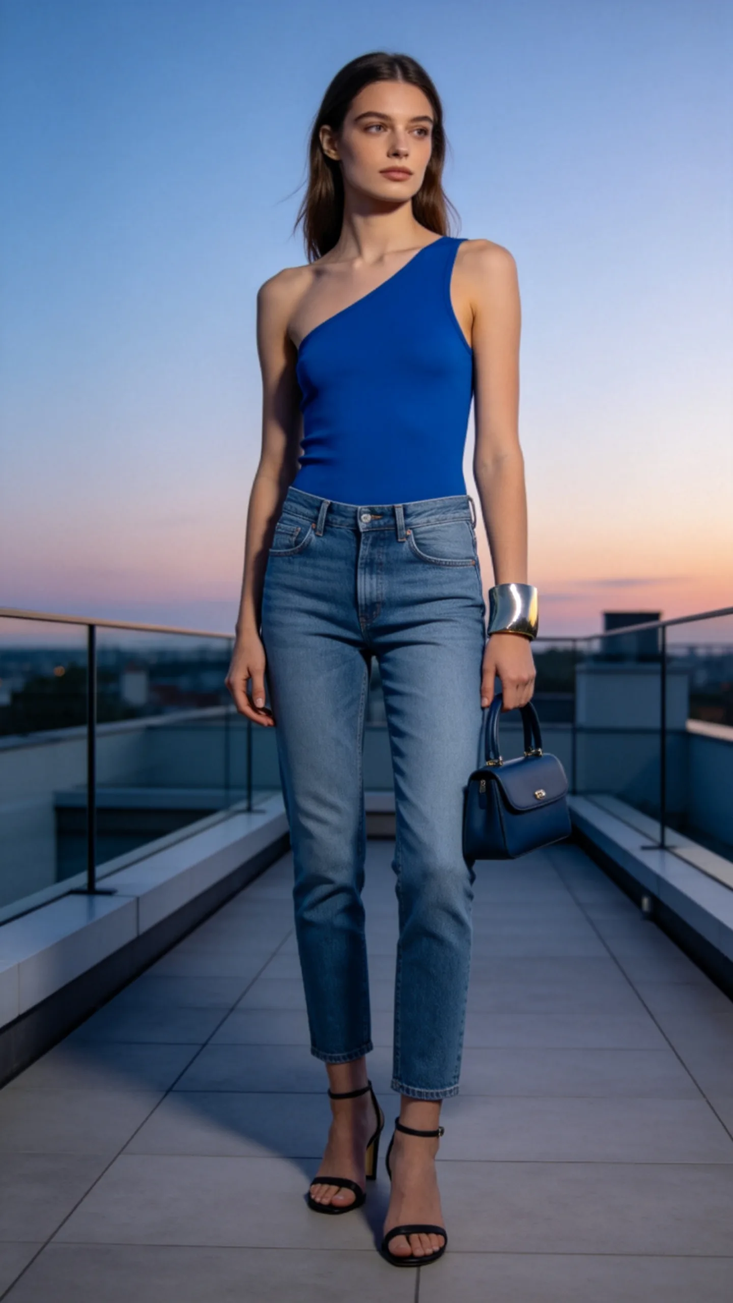 11. Slim-Straight Jeans With a One-Shoulder Tank